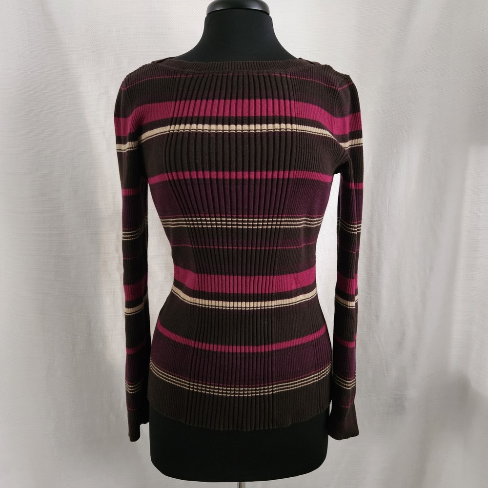 Jones New York Sport Ribbed Striped Sweater Brown‎ Pink Cotton Large Layering